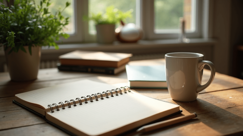 A cozy coaching space with notebooks, books, a steaming mug, and greenery on a wooden table, bathed in natural light.