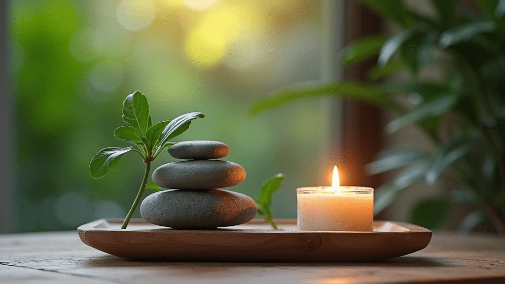 A tranquil setting with stones, candles, and greenery, capturing the spirit of mindfulness meditation