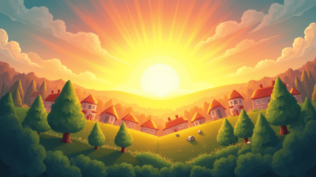 Illustration of a sunrise over a peaceful, thriving community with green trees and light-filled homes