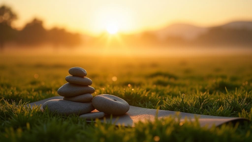 A serene sunrise over a grassy field with dew, smooth stones, and a yoga mat, under a clear sky.