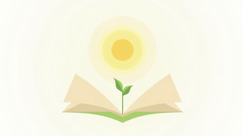 A stylized energy icon surrounded by simple geometric shapes and peaceful backgrounds, representing energy management and balance