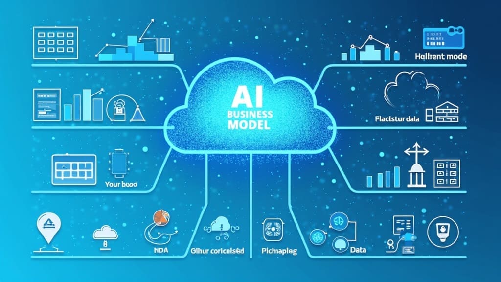 Conceptual infographic showing interconnected AI business models, data, cloud computing, and flowcharts representing AI-driven opportunities.