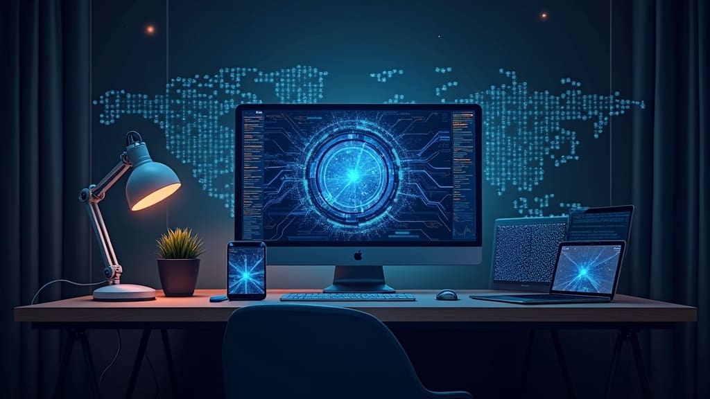 Futuristic workspace with AI algorithms and glowing data pathways branching out among digital devices