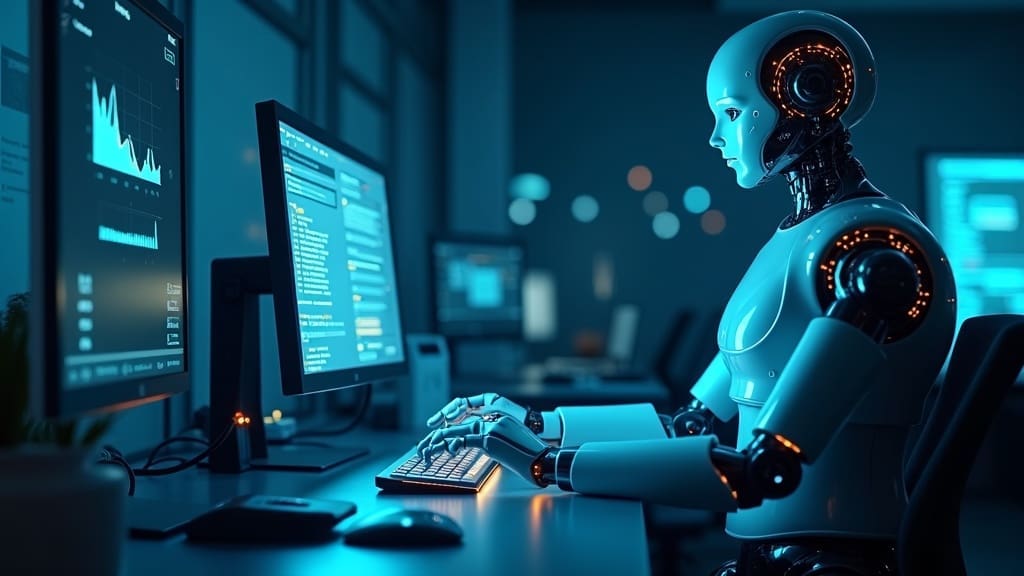 Robotic arm and futuristic interface analyzing data